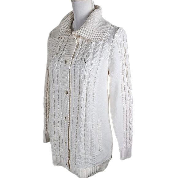 LL. Bean ~Woman Size M~ White Knit Cotton Button-Up Cardigan Sweater Long Sleeve - Picture 1 of 15